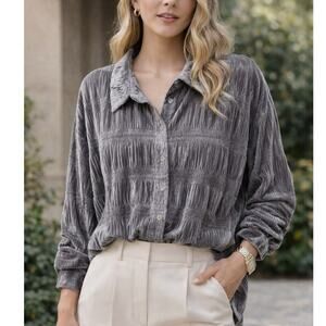 Bibi Textured Velvet Blouse XL Gray Crinkle Button Front Long Sleeve Womens